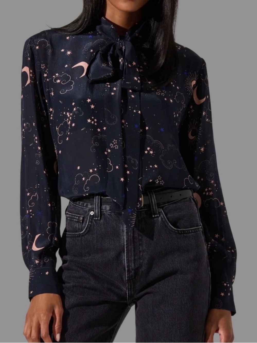 Astr Navy Moon & Star Tie-Neck Blouse - Halloween chic